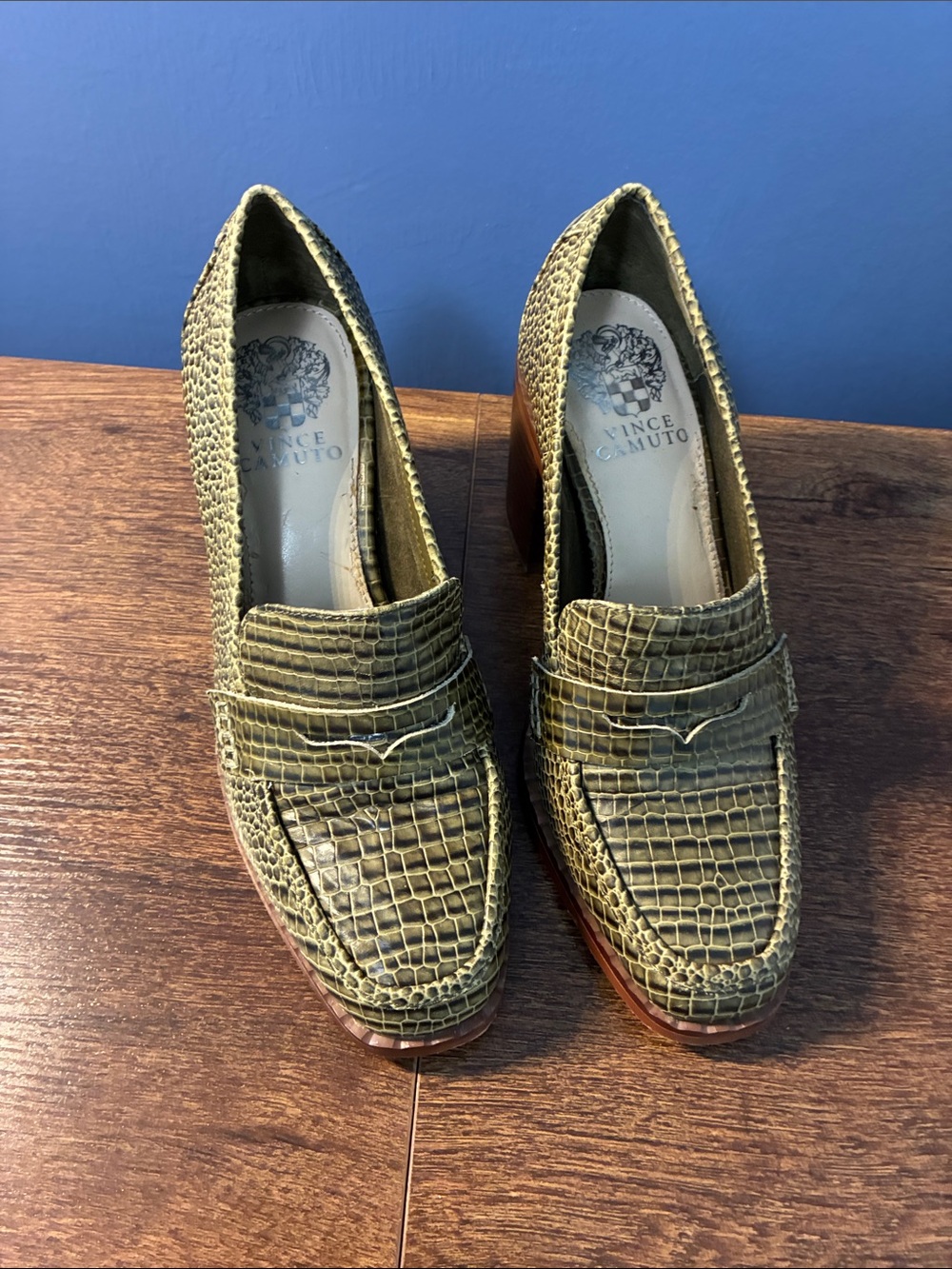 Vince Camuto Olive Croc-Embossed Heeled Penny Loafers